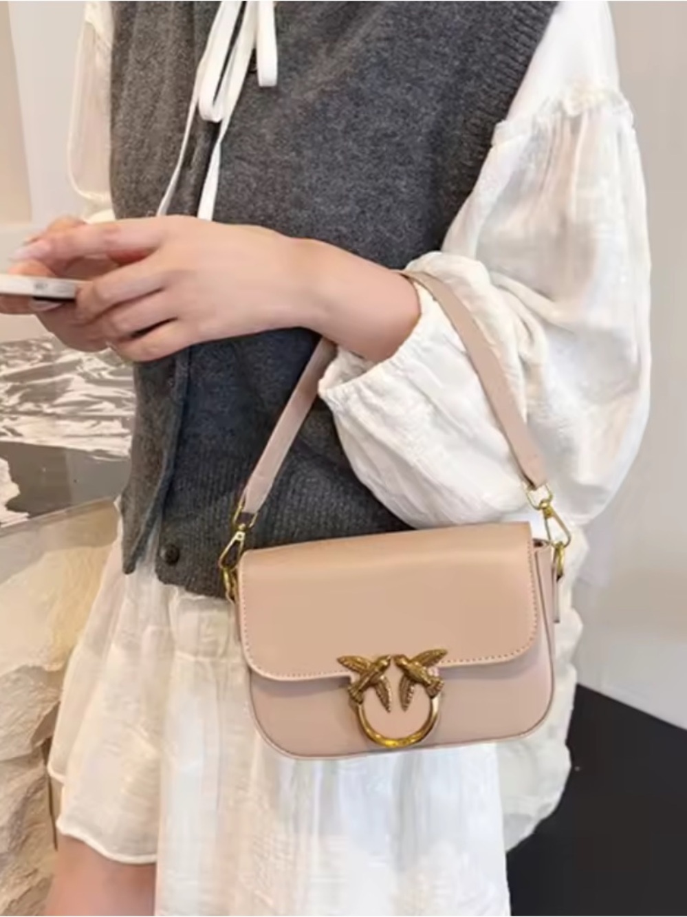 New designer inspired Blush Pink Crossbody Bag with Gold Accents